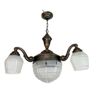 Vienna Secession Hanging Lamp in Brass and Glass, 1900 For Sale