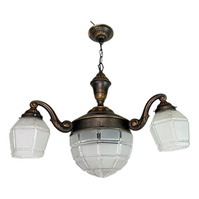 Vienna Secession Hanging Lamp in Brass and Glass, 1900 For Sale