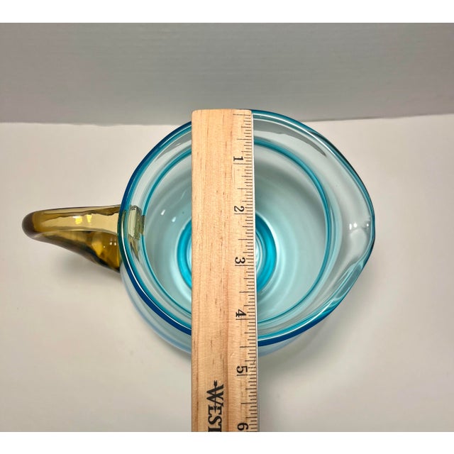 Sky Blue Vintage Mid-Century Modern Scandinavian Blue & Amber Hand Blown Glass Pitcher 8" For Sale - Image 8 of 8