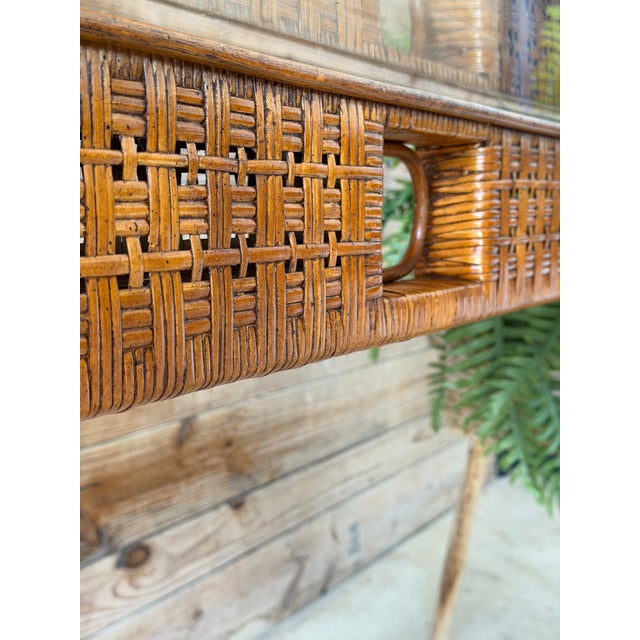 Bielecky Brothers Vintage Boho Rattan Wrapped Console With Woven Apron & Glass Top For Sale - Image 4 of 12