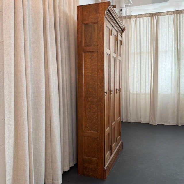 Brown Antique Eastlake Three Part Oak Wardrobe Lockers Cabinet For Sale - Image 8 of 11