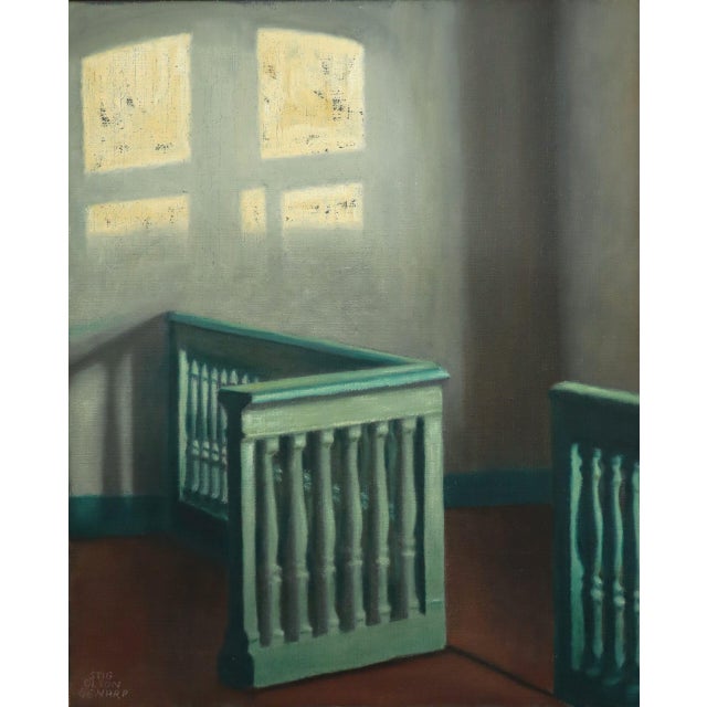 Mid-Century Modern 'Sunlit Landing' Vintage Swedish Original Interior Oil Painting, Framed For Sale - Image 13 of 14
