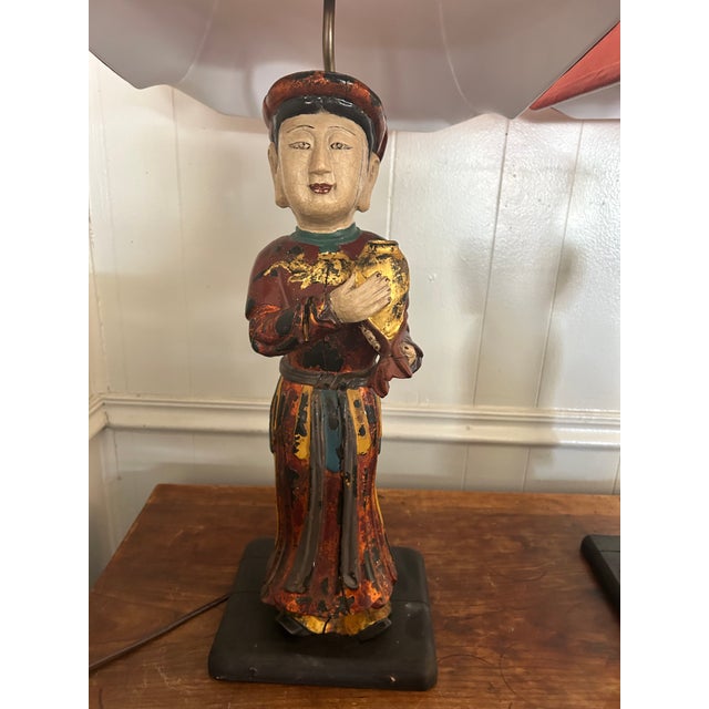 Antique Vietnamese Altar Maid Figurine Hand Carved Table Lamps - a Pair For Sale - Image 13 of 18