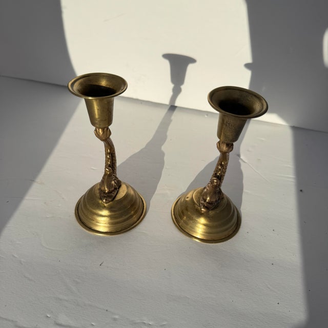 Mid-Century Modern Brass Dolphin Candlestick Holders- A Pair For Sale - Image 3 of 4
