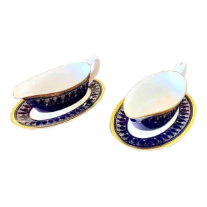 Vintage Royal Worcester Imperial Bone China 22 Karat Raised Gold Blue Gravy Boats- 4 Pieces