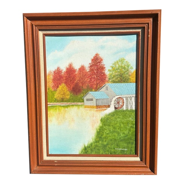 1990s Watermill and Colorful Foliage Landscape Painting on Canvas, Signed by the Artist, Framed For Sale