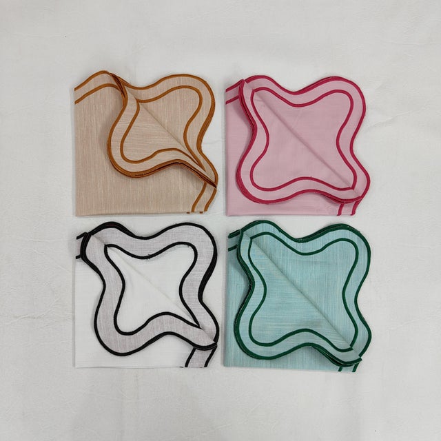 Not Yet Made - Made To Order Handmade Wave Scalloped Napkins with Double Embroidered Trim, Light Pink/Red - Set of 4 For Sale - Image 5 of 8