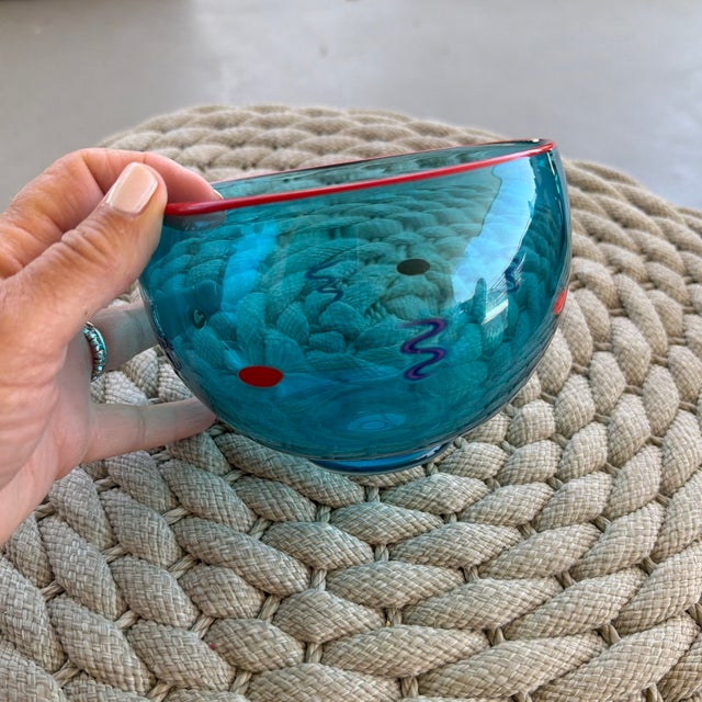 Blue Vintage Antonio Garcia Signed Small Bowl in Blue With Red Rim and Dots and Purple ZigZags For Sale - Image 8 of 8
