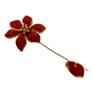 1980s Givenchy Signed Deep Red Enamel Gold Plated Clear Crystal Accents Stick Pin For Sale