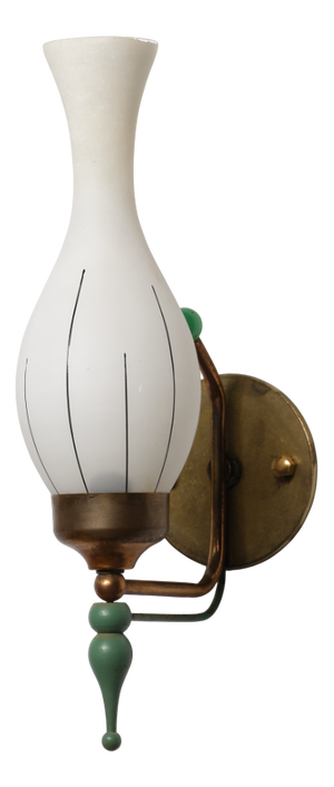 Italian Brass and Green Enamel Wall Sconce with Sculpted Opaline Shade, 1950s