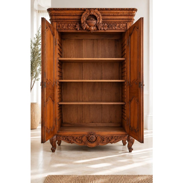 French Provincial Antique French Provincial Louis XV Style Hand-Carved Solid Wood Armoire For Sale - Image 3 of 3