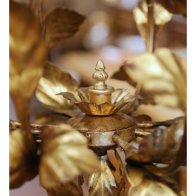 Metal Mid-Century Italian Gilt Tole Six-Light Floral Chandelier For Sale - Image 7 of 11