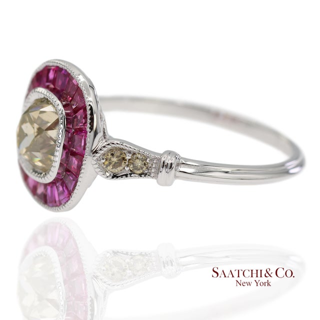 Gia Certified 18k 750 Solid White Gold Natural Diamond and Ruby Engagement Ring, Size 7 For Sale - Image 4 of 11