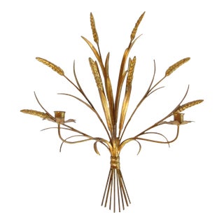 Vintage Italian Dark Gold Gilt Metal Wheat Two Light Candle Wall Sconce For Sale