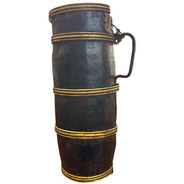 Folk Art Antique Stave-Built Wooden Flagon / Tankard With Iron Handle – Primitive Folk Art Vessel For Sale - Image 3 of 10