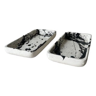 Handcrafted Ceramic Trays With Black Abstract Splatter Design - a Pair For Sale