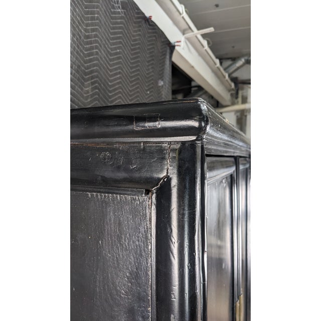 Antique Chinese Qing Dynasty Black Lacquer Elm Wedding Cabinet Armoire Wardrobe For Sale - Image 14 of 15