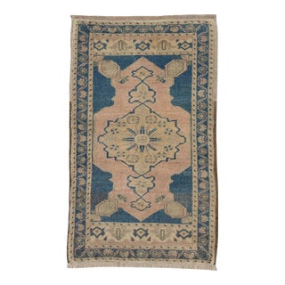 1960s Pink & Blue Geometric Design Handwoven Wool Vintage Turkish Mini Rug 1'8" X 2'10" For Sale
