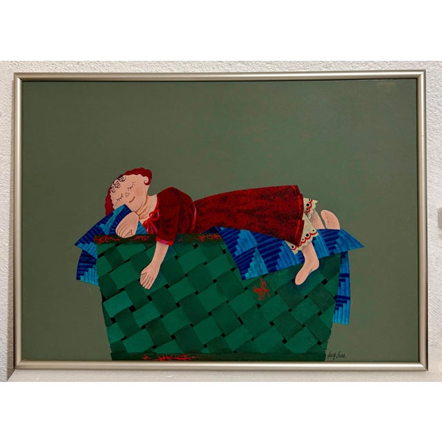 Harry Dunn, Whimsical Harry Dunn Painting Sleeping Girl Mid Century Americana Folk Art For Sale - Image 9 of 12