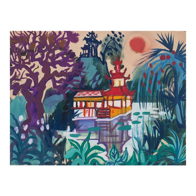 Jean,Raymond Delpech , Tropical Landscape , Original Watercolor Drawing by Jean Delpech , 1960s For Sale