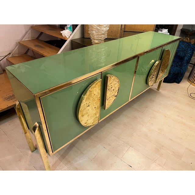 Metal Credenza With Green Glass and Brass Fittings and Handles For Sale - Image 7 of 10