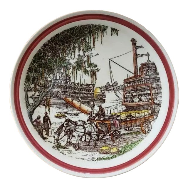 1940s Vernon Kilns "Bits of the Old South" Plate "Down on the Levee", Made in Usa For Sale