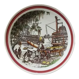 1940s Vernon Kilns "Bits of the Old South" Plate "Down on the Levee", Made in Usa