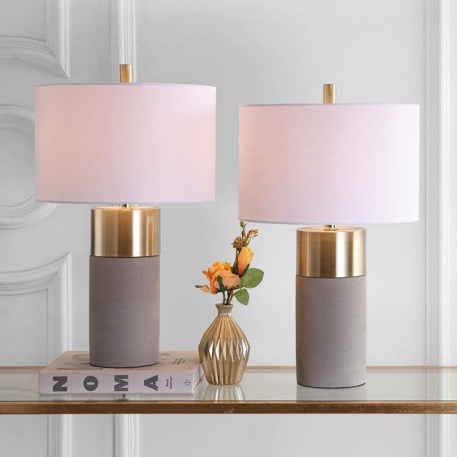 Textile Modern Table Lamp in Grey and Brass - a Pair For Sale - Image 7 of 8