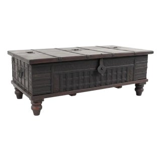 Vintage Rustic Brown Wood and Metal Chest Coffee Table with Storage For Sale