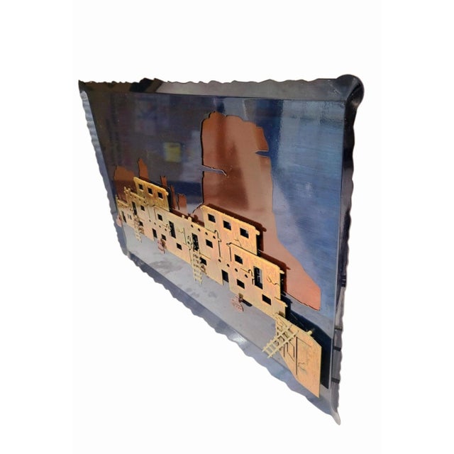 Mid-Century Modern 1970's ​Vintage Southwestern Flame-Cut Copper & Brass Pueblo Relief Navy Blue Wall Art Sculpture For Sale - Image 3 of 6