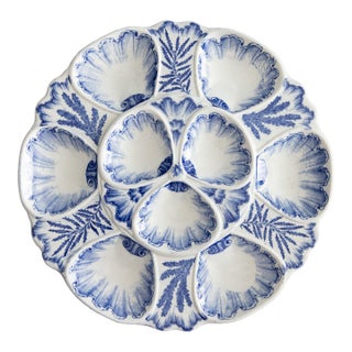 Antique French Bordeaux Vieillard Blue & White Seaweed Oyster Plate Platter, Circa 1890 For Sale