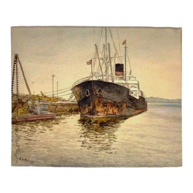 Quebec c.1930 Watercolor Painting "Marine" by a.s. Brodeur For Sale