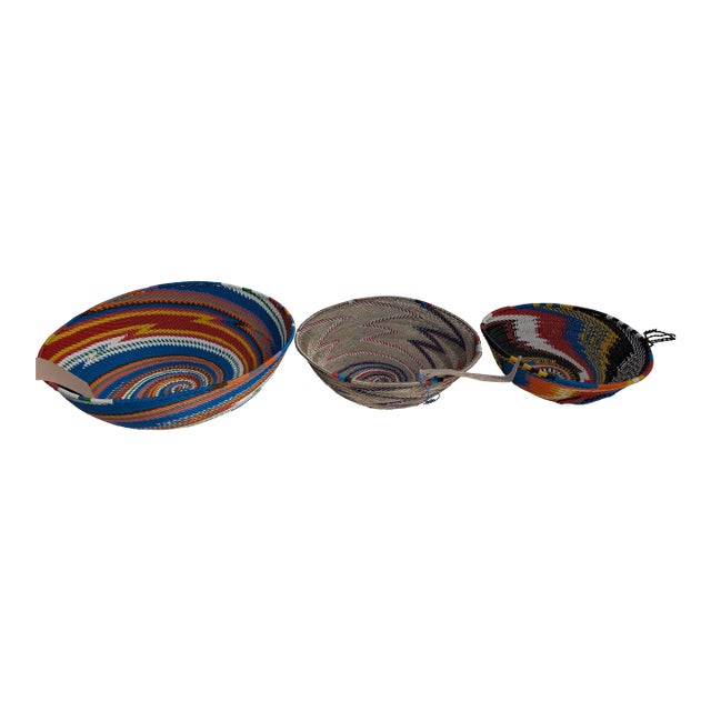 Trio of Vintage Colorful African Handwoven Baskets For Sale