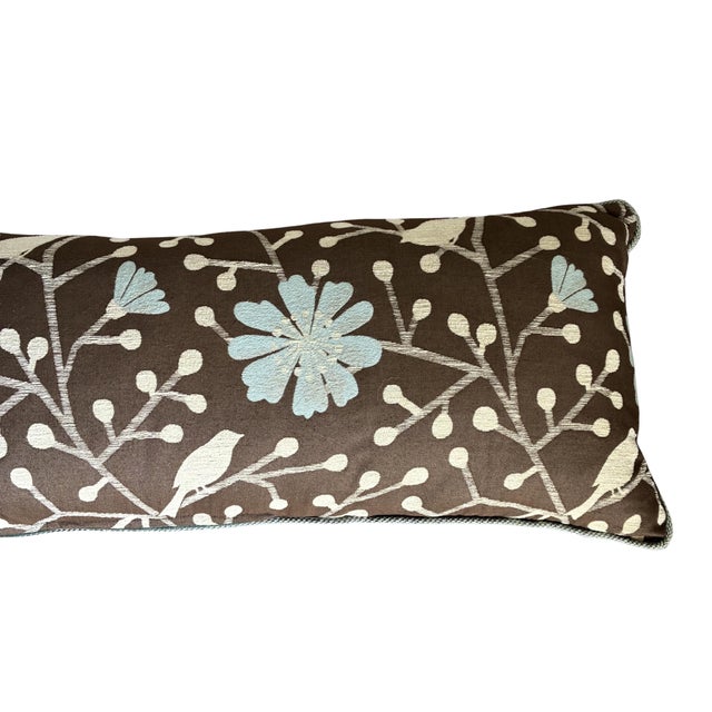 Transitional Long Lumbar Botanical Bird Accent Pillow in Chocolate Brown & Pale Blue For Sale - Image 3 of 3