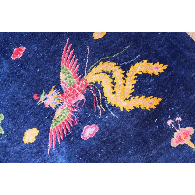 Large Antique Art Deco Rug in Deep Navy Blue With Vibrant Red Border For Sale - Image 9 of 13