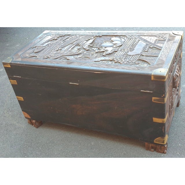 20th Century Chinese Carved Camphorwood Coffer With Brass Accents For Sale - Image 10 of 11