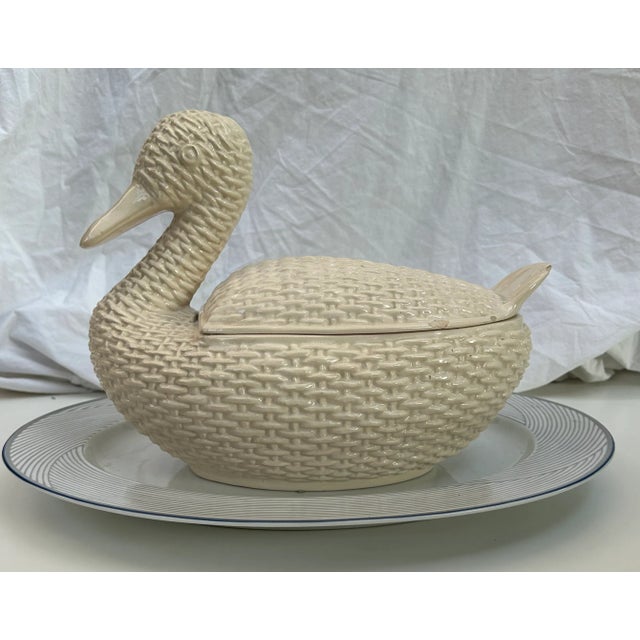 White Cottage Chic White Wicker Ceramic Goose Tureen With Lid For Sale - Image 8 of 12