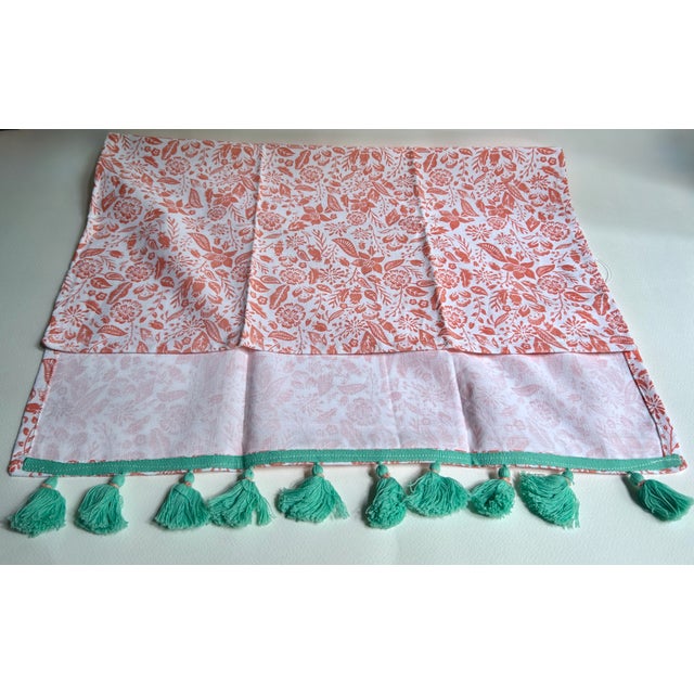 Pair Unused White Cotton, Coral Floral, Teal Tasseled Hand Towels For Sale - Image 12 of 17