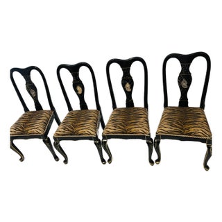 Gorgeous Mackenzie Childs Style 4 Chairs Black Lacquer TigerBrocade For Sale