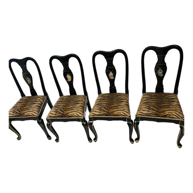 Gorgeous Mackenzie Childs Style 4 Chairs Black Lacquer TigerBrocade For Sale