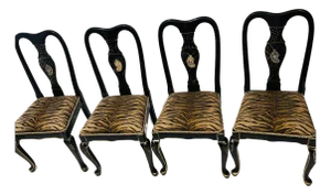 Gorgeous Mackenzie Childs Style 4 Chairs Black Lacquer TigerBrocade