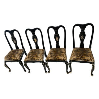 Gorgeous Regency Mid 20th Century Set of 4 Dining Chairs Black Lacquer TigerBrocade For Sale