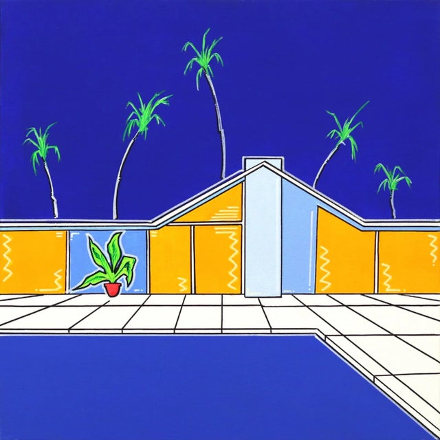 Summers 2 - Contemporary Mid-Century House Vibrant Blue Architectural Acrylic Painting on Canvas Modern Villa, Palm, and Pool Art by Jonjo Elliott For Sale