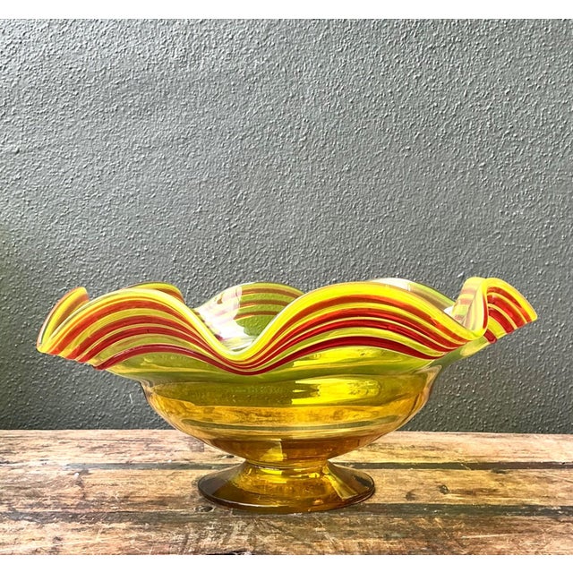 Mid-Century Modern Vintage Striped Murano-Style Glass Centerpiece Bowl For Sale - Image 3 of 18
