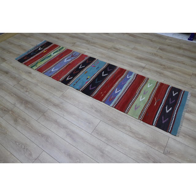 Mid-Century Modern 1970s Rustic & Primitive Striped Hand Knotted Oushak Kilim Runner For Sale - Image 3 of 13