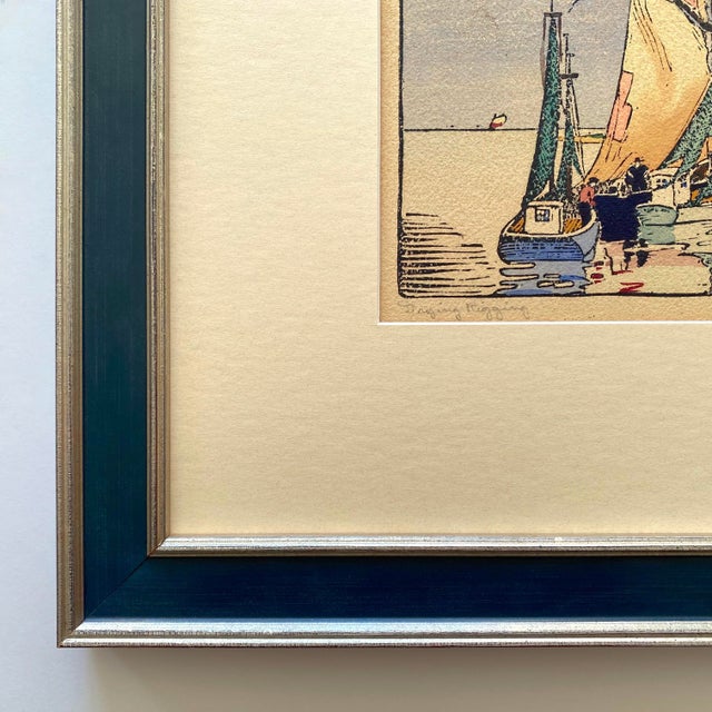 Wood Robert Bruce Rogers Vintage 1932 " Drying Rigging, Provincetown " Waterfront Seascape Framed Original Signed Fine Art Woodblock Print For Sale - Image 7 of 14