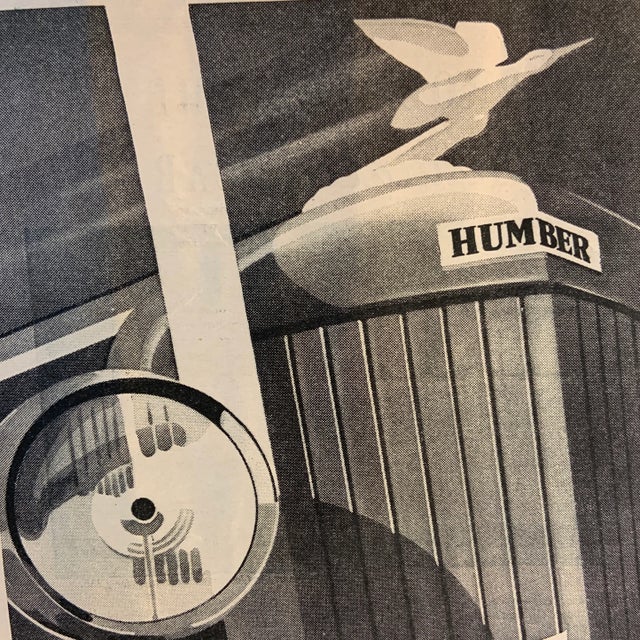 1936 Punch English magazine ad for Humber automobiles, London. Great, dramatic design ready for matting and framing.