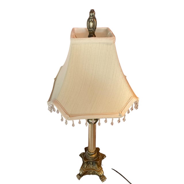 1980s Regency Style Table Lamps with Neoclassical Bases, Paw Feet and Cream Fabric Shades with Beaded Fringe, 1980, Set of 2 For Sale - Image 5 of 10