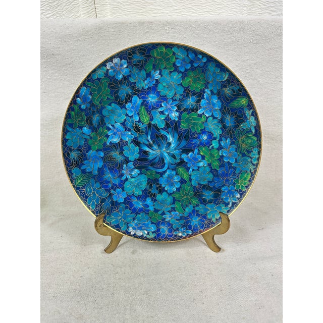 Royal Blue Vintage Cloisonné Plate & Stand For Sale - Image 8 of 9