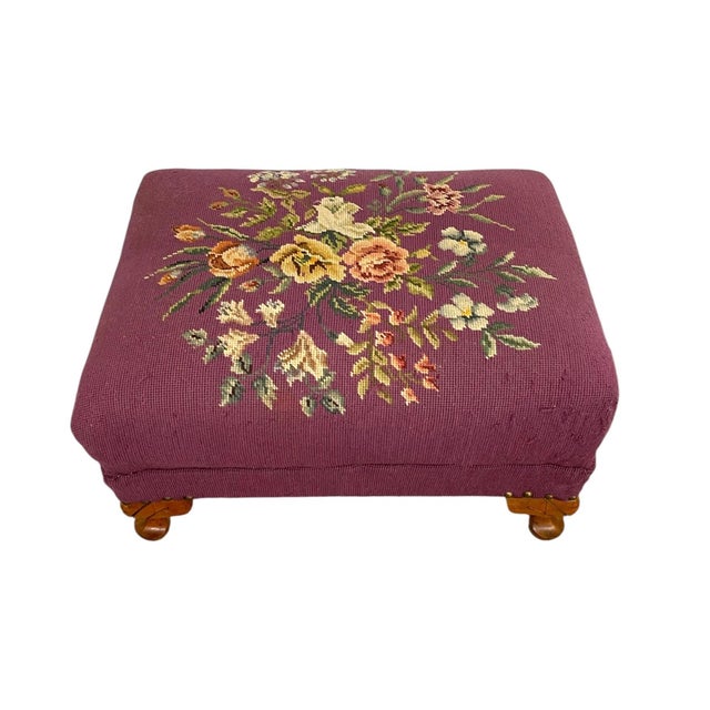 Wood Vintage Upholstered Footstool Ottoman With Floral Needlepoint and Carved Wood Legs For Sale - Image 7 of 10